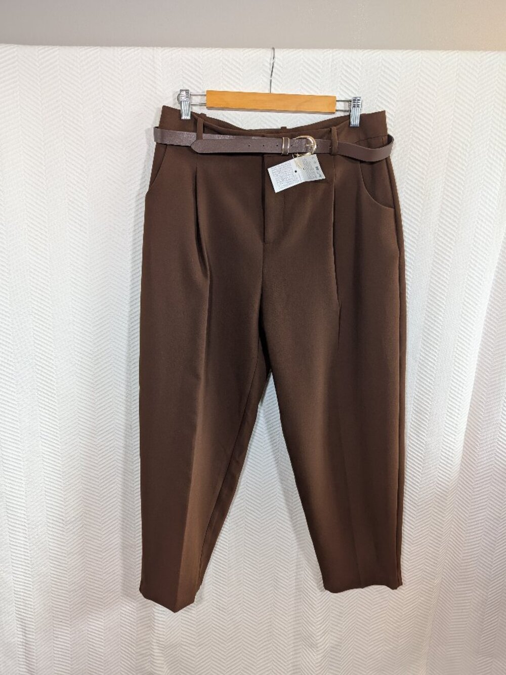 ZARA Chocolate Brown Cropped Trousers With Belt Size Large Office Minimalist NWT